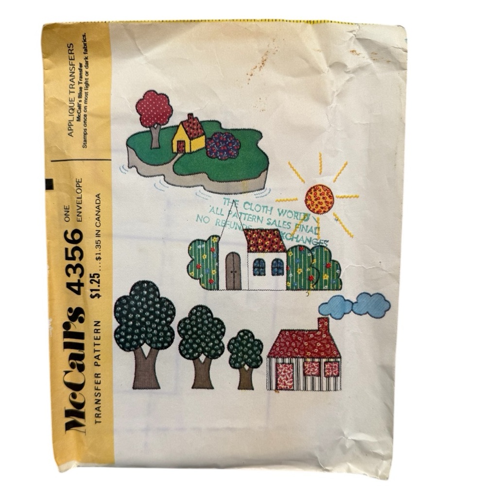 Vtg McCall's 4356 Applique Transfer Pattern Trees Houses Cottagecore 1970s Uncut